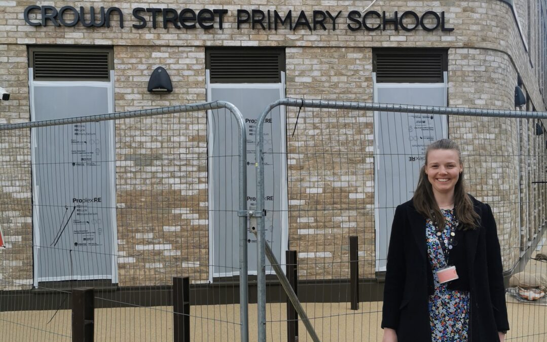Image of Miss Hopkins outside Crown Street Primary School, prior to the school opening in September 2024.